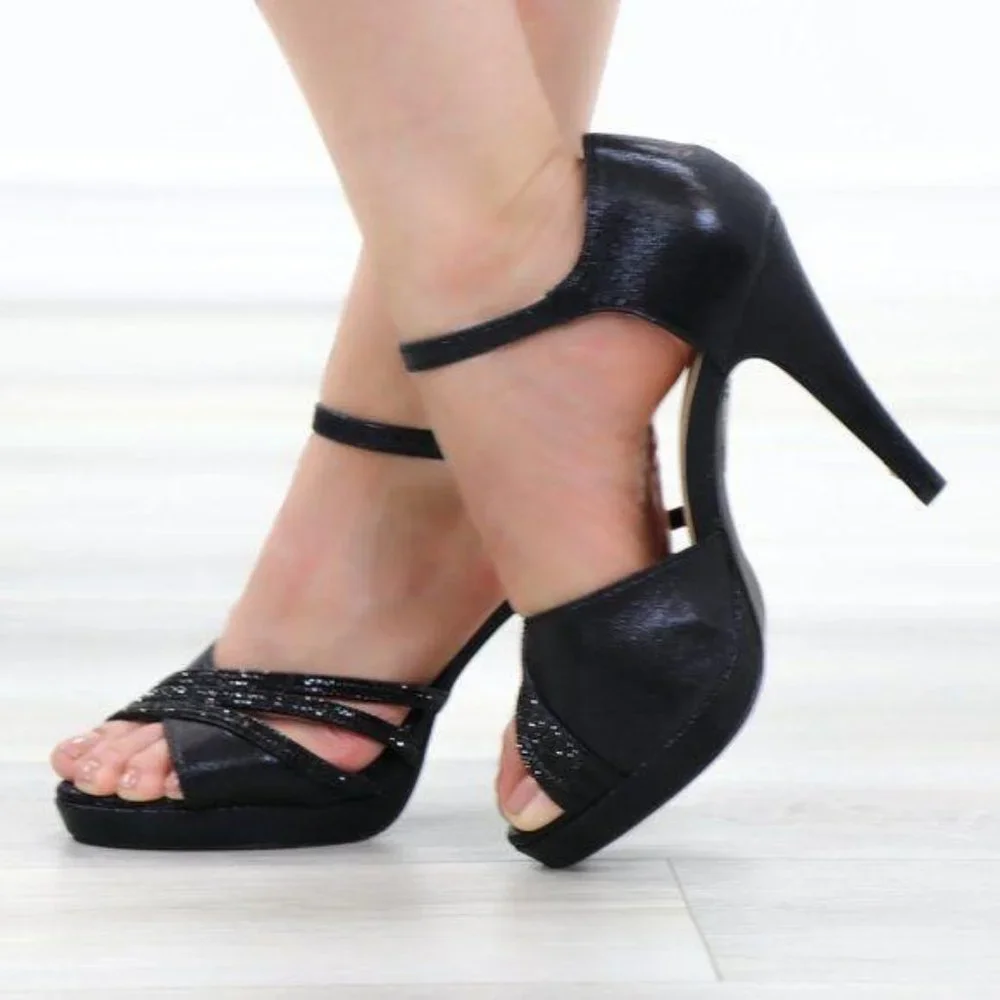 Shimmery Black Satin Platform Heeled Stiletto Sandal - Picture 2 of 11